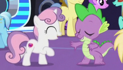 Size: 299x170 | Tagged: safe, screencap, spike, sweetie belle, dragon, celestial advice, cropped, dancing