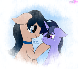 Size: 4000x3550 | Tagged: safe, artist:kimjoman, derpibooru import, oc, oc only, oc:crescend cinnamon, oc:purple flix, earth pony, pony, unicorn, crying, cute, female, hoof on chin, male, sad, smiling, tears of joy, text