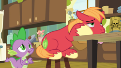 Size: 1280x720 | Tagged: safe, derpibooru import, edit, edited screencap, screencap, big macintosh, spike, dragon, earth pony, pony, the break up breakdown, bloodshot eyes, poison, skull, unshorn fetlocks