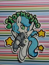 Size: 3120x4160 | Tagged: safe, artist:nephanee, derpibooru import, oc, oc only, oc:stormpone, pegasus, pony, badge, clothes, con badge, cute, female, jacket, mare, solo, traditional art