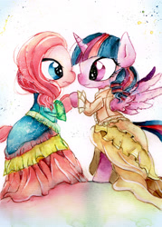 Size: 1600x2237 | Tagged: safe, artist:mashiromiku, derpibooru import, pinkie pie, twilight sparkle, twilight sparkle (alicorn), alicorn, earth pony, pony, clothes, commission, dancing, dress, female, lesbian, shipping, traditional art, twinkie, victorian, watercolor painting