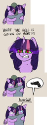 Size: 1736x4592 | Tagged: safe, artist:duop-qoub, derpibooru import, twilight sparkle, twilight sparkle (alicorn), oc, oc:anon, alicorn, changeling, pony, :, angry, breakfast, chest fluff, dark magic, descended twilight, disguise, disguised changeling, female, floppy ears, gritted teeth, gun, handgun, hug, looking at you, magic, mare, multeity, open mouth, pictogram, pistol, pointing, raised hoof, self ponidox, slit eyes, sombra eyes, text, triality, wavy mouth