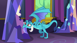 Size: 1280x720 | Tagged: safe, derpibooru import, screencap, princess ember, dragon, triple threat, biting, claws, cute, dragoness, dragons doing dragon things, eating, emberbetes, female, horns, nom, sin of gluttony, smiling, solo, spread wings, too cute, twilight's castle, wings