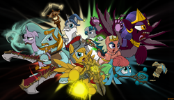 Size: 2409x1378 | Tagged: safe, artist:glados64201, derpibooru import, flash magnus, meadowbrook, mistmane, rockhoof, somnambula, sphinx (character), star swirl the bearded, stygian, pegasus, pony, sphinx, unicorn, black background, nervous, simple background, smiling