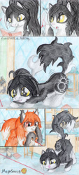 Size: 1901x4200 | Tagged: safe, artist:magnifsunspiration, derpibooru import, oc, oc only, oc:foxie goldfish, oc:prettykitty, pony, behaving like a cat, female, laser pointer, mare, traditional art