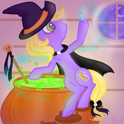 Size: 1024x1024 | Tagged: safe, artist:crystal-sushi, derpibooru import, abra-ca-dabra, g3, bow, cape, cauldron, clothes, g3 to g4, generation leap, hat, moon, solo, tail bow, window, witch hat