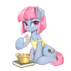 Size: 886x886 | Tagged: safe, artist:mrs1989, derpibooru import, oc, oc:dust spoon, earth pony, pony, book, clothes, female, food, fork, hoof hold, noodles, pot, ramen, simple background, sitting, solo, tanktop, tongue out, transparent background