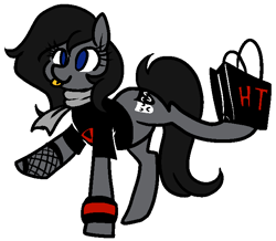 Size: 659x574 | Tagged: safe, artist:/d/non, oc, oc only, earth pony, pony, 4chan, :p, clothes, drawthread, female, fishnet stockings, hot topic, scarf, shirt, shopping bags, simple background, solo, tongue out, white background