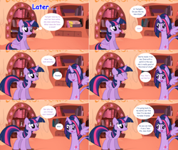 Size: 2564x2168 | Tagged: safe, artist:hakunohamikage, twilight sparkle, twilight sparkle (alicorn), alicorn, pony, alternate hairstyle, ask, ask-princesssparkle, askpinytwilight, dialogue, eyes closed, female, golden oaks library, high res, looking at each other, mare, sitting, smiling, solo, tumblr