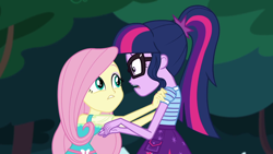 Size: 1280x720 | Tagged: safe, derpibooru import, screencap, fluttershy, sci-twi, twilight sparkle, better together, equestria girls, stressed in show, stressed in show: fluttershy, female, glasses, ponytail