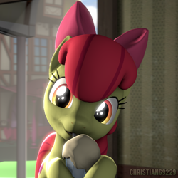 Size: 1024x1024 | Tagged: safe, artist:christian69229, derpibooru import, apple bloom, earth pony, pony, 3d, bow, bust, female, filly, looking at you, milkshake, portrait, solo, source filmmaker