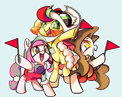 Size: 854x680 | Tagged: safe, derpibooru import, oc, oc:小梅, oc:狮狮, oc:睦睦, earth pony, pony, china, china ponycon, clothes, costume, flag, hoof hold