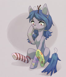 Size: 1216x1419 | Tagged: safe, artist:koviry, derpibooru import, oc, oc only, pony, bands, braid, clothes, confused, sitting, socks, solo, striped socks, tree branch