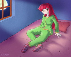 Size: 1000x800 | Tagged: safe, artist:empyu, derpibooru import, apple bloom, human, bed, bedroom, clothes, crossed legs, female, full moon, humanized, moon, night, pajamas, pants, pillow, requested art, socks, solo, striped socks, window