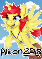 Size: 4536x6415 | Tagged: safe, artist:partylikeanartist, derpibooru import, oc, oc only, oc:spheres, alicorn, pony, absurd resolution, alicon, alicorn oc, badge, con badge, convention, convention:alicon, female, flying, mare, mascot, poster, simple background, sky, solo, starry eyes, suitcase, wingding eyes