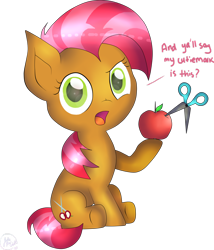Size: 1024x1194 | Tagged: safe, artist:pinkiepie6680, derpibooru import, babs seed, earth pony, pony, apple, female, filly, food, scissors, simple background, solo, transparent background
