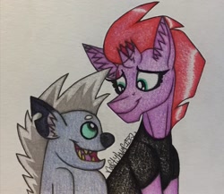 Size: 1721x1494 | Tagged: safe, artist:raritylover152, derpibooru import, grubber, tempest shadow, my little pony: the movie, looking at each other, traditional art