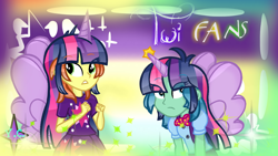 Size: 1280x722 | Tagged: safe, artist:yaycelestia0331, derpibooru import, equestria girls, once upon a zeppelin, duo, equestria girls-ified, fake horns, fake wings, fan ponies, surprised, text