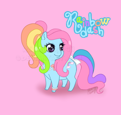 Size: 500x474 | Tagged: safe, artist:reachfarhigh, derpibooru import, rainbow dash (g3), chibi, pink background, simple background, solo, text