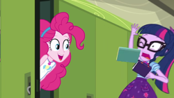 Size: 1920x1080 | Tagged: safe, derpibooru import, screencap, pinkie pie, sci-twi, twilight sparkle, better together, equestria girls, stressed in show, stressed in show: pinkie pie, book, female, geode of sugar bombs, geode of telekinesis, lockers, scared