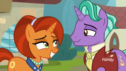 Size: 1920x1080 | Tagged: safe, derpibooru import, screencap, firelight, stellar flare, unicorn, the parent map, clothes, discovery family logo, eye contact, female, grin, jewelry, lidded eyes, looking at each other, male, mare, necklace, necktie, pearl necklace, ponies standing next to each other, shipping fuel, shirt, sire's hollow, smiling, stallion, vest