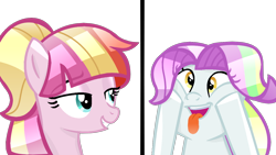 Size: 1288x724 | Tagged: safe, artist:yaycelestia0331, derpibooru import, coconut cream, toola roola, pony, base used, duo, faic, line, mlem, silly, silly pony, simple background, tongue out, transparent background