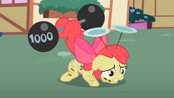 Size: 1280x720 | Tagged: safe, derpibooru import, screencap, apple bloom, earth pony, pony, the cutie pox, barbell, crouching, cutie pox, female, filly, plate spinning, prehensile tail, solo, tail hold, weight lifting