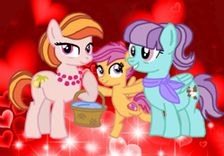 Size: 400x279 | Tagged: safe, artist:odscene, artist:pixelkitties, derpibooru import, aunt holiday, auntie lofty, scootaloo, earth pony, pegasus, pony, artist interpretation, basket, female, filly, lesbian, lofty day, looking at you, mare, shipping, smiling, trace