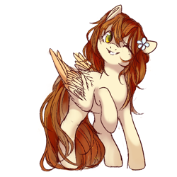 Size: 900x900 | Tagged: safe, artist:haidiannotes, derpibooru import, oc, oc only, pegasus, pony, female, flower, flower in hair, mare, one eye closed, simple background, smiling, solo, white background, wink
