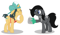 Size: 1267x730 | Tagged: artist needed, safe, fresh coat, oc, earth pony, pony, unicorn, 4chan, apron, backwards ballcap, baseball cap, cap, clothes, cute, drawthread, eyes closed, floppy ears, frown, hair bun, hat, laughing, paint, paint can, raised hoof, scarf, simple background, transparent background