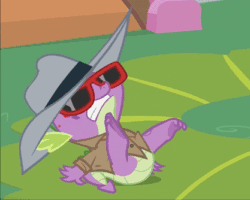Size: 417x334 | Tagged: safe, derpibooru import, screencap, spike, dragon, molt down, animated, clothes, cropped, feet, glasses, hat, jacket, male, molting, scratching, solo, sunglasses