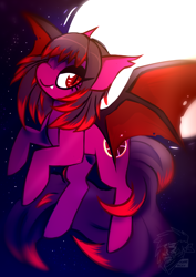 Size: 2508x3541 | Tagged: safe, artist:insane_nicky, derpibooru import, oc, oc only, oc:blood fruit, bat pony, female, flying, moon, smiling, ych result