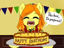 Size: 3200x2400 | Tagged: safe, artist:spheedc, derpibooru import, oc, oc:sweet corn, earth pony, semi-anthro, bipedal, birthday, birthday cake, birthday candles, cake, candle, celebration, clothes, digital art, eyes closed, female, food, mare, smiling, solo, speech bubble