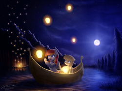 Size: 1024x768 | Tagged: safe, artist:novaintellus, derpibooru import, oc, oc only, oc:arian blaze, oc:vital sparkle, boat, canoe, collar, female, floppy ears, i see the light, lantern, lesbian, night, oc x oc, paper lantern, scenery, scenery porn, shipping, smiling, tangled (disney)