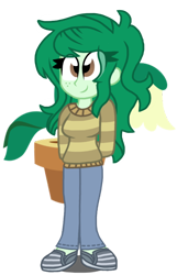 Size: 676x1048 | Tagged: safe, artist:katevelasco, derpibooru import, wallflower blush, better together, equestria girls, forgotten friendship, clothes, female, flower pot, freckles, hands behind back, pants, shoes, simple background, smiling, solo, sweater, transparent background