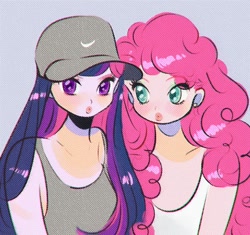 Size: 542x509 | Tagged: safe, artist:mmoriqomm, derpibooru import, pinkie pie, twilight sparkle, equestria girls, baseball cap, cap, clothes, duo, ear piercing, earring, female, hat, jewelry, piercing, simple background