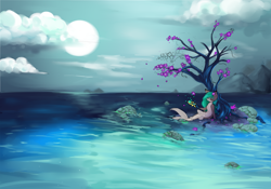 Size: 2000x1400 | Tagged: safe, artist:polakz, derpibooru import, oc, oc:sushi, merpony, monster pony, cloud, flower, island, magic, monster mare, mountain, resting, rock, scenery, solo, tree, wand, water