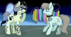 Size: 619x323 | Tagged: safe, artist:colordroplovelyart, derpibooru import, oc, oc:southern ballroom, oc:southern gothic, earth pony, pony, clothes, clothes hanger, clothes line, clothes rack, duo, dyed mane, ear piercing, earring, face tattoo, female, hair dye, icey-verse, jewelry, lip piercing, magical lesbian spawn, mare, mirror, next generation, offspring, parent:beauty brass, parent:fiddlesticks, parents:fiddlebrass, piercing, shopping, sisters, snake bites, solo, tattoo