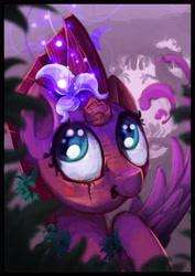 Size: 3508x4961 | Tagged: safe, artist:tony-retro, derpibooru import, fizzlepop berrytwist, tempest shadow, alicorn, pony, broken horn, cute, digital art, eye scar, flower, looking up, painting, pretty pretty tempest, scar