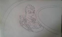 Size: 2560x1536 | Tagged: safe, artist:peternators, derpibooru import, lightning dust, go kart, monochrome, sketch, smiling, solo, traditional art, ych result