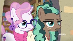 Size: 1920x1080 | Tagged: safe, derpibooru import, screencap, minty mocha, raspberry latte, earth pony, pony, unicorn, the parent map, bathrobe, bookstore, clothes, discovery family logo, duo, ear piercing, earring, female, glasses, gritted teeth, jewelry, lidded eyes, mare, piercing, robe, scarf, sire's hollow