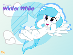 Size: 3250x2465 | Tagged: safe, artist:potato22, derpibooru import, oc, oc only, oc:winter white, pony, cloud, female, mare, smiling, solo, text, vector