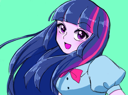 Size: 1200x899 | Tagged: safe, artist:momoka, derpibooru import, twilight sparkle, equestria girls, bowtie, female, long hair, looking at you, simple background, smiling, solo