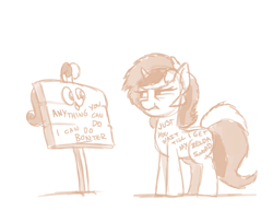 Size: 1280x985 | Tagged: safe, artist:docwario, bon bon, sweetie drops, oc, oc:sign, pony, unicorn, anything you can do, askblankbon, body writing, female, looking at each other, monochrome, pun, sign, simple background, squint, transformation, white background