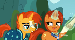 Size: 1172x628 | Tagged: safe, derpibooru import, screencap, stellar flare, sunburst, pony, unicorn, the parent map, faic, female, frown, glasses, glowing horn, gritted teeth, magic, male, mare, mother and child, mother and son, parent and child, raised eyebrow, raised hoof, scroll, sire's hollow, stallion, sunburst is not amused, telekinesis, that pony sure does love plans, unamused