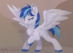 Size: 3012x2173 | Tagged: safe, artist:airfly-pony, derpibooru exclusive, derpibooru import, oc, oc only, oc:rainy, pegasus, pony, belly, ear fluff, fluffy, hoof hold, hoofsies, looking at you, male, mountain, mountain range, rcf community, serious, serious face, short hair, short mane, short tail, smiling, solo, spread wings, wings