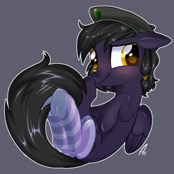 Size: 700x704 | Tagged: safe, artist:alsarts, derpibooru import, oc, oc only, oc:mir, pegasus, pony, fallout equestria, blushing, clothes, dashite, female, hat, mare, snicker, socks, solo, striped socks, underhoof