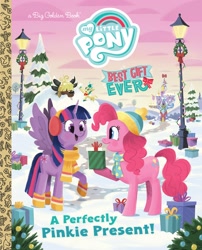 Size: 2066x2560 | Tagged: safe, artist:glenn thomas, derpibooru import, alice the reindeer, pinkie pie, twilight sparkle, twilight sparkle (alicorn), alicorn, deer, earth pony, pony, reindeer, yak, best gift ever, book:best gift ever, boots, clothes, duo focus, earmuffs, female, lamppost, little golden book, mare, official, present, scarf, shoes, snow, toque, tree, twilight's castle, winter