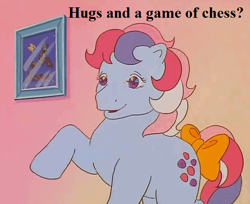 Size: 648x528 | Tagged: safe, derpibooru import, edit, edited screencap, screencap, sweet stuff, earth pony, pony, twinkle eyed pony, g1, my little pony 'n friends, sweet stuff and the treasure hunt, bow, bronybait, chess, cropped, cute, female, hug request, mare, paradise estate, picture, raised hoof, sweet sweet stuff, tail bow, text