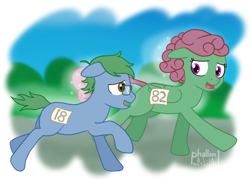 Size: 1132x810 | Tagged: safe, artist:phallen1, derpibooru import, oc, oc only, oc:software patch, oc:windcatcher, earth pony, pegasus, pony, atg 2018, glasses, looking at each other, newbie artist training grounds, running, side by side, simple background, smiling, sweat, transparent background